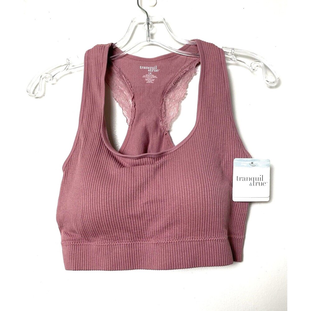 Tranquil & True Bralette Bra Women Pink 2X Sport Bra Lace Ribbed Raceback